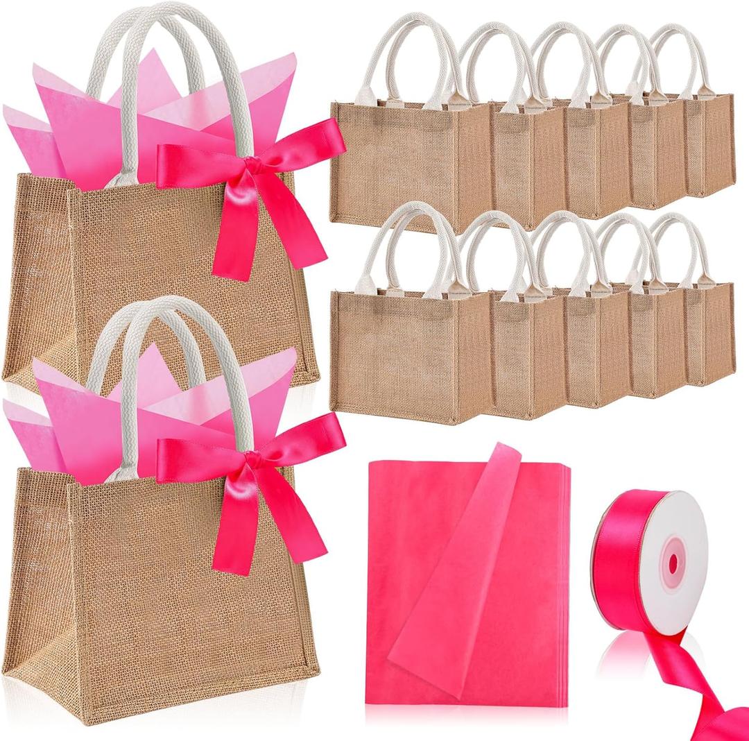 12 Pack Valentine's Day Burlap Gifts Bags with Handles Galentines Day Reusable Tote Bag Bulk Small Bachelorette Jute Handbag with 50 Tissue Paper & Ribbons, 8.7x5.5x7 Inch(Classic,Hot Pink)