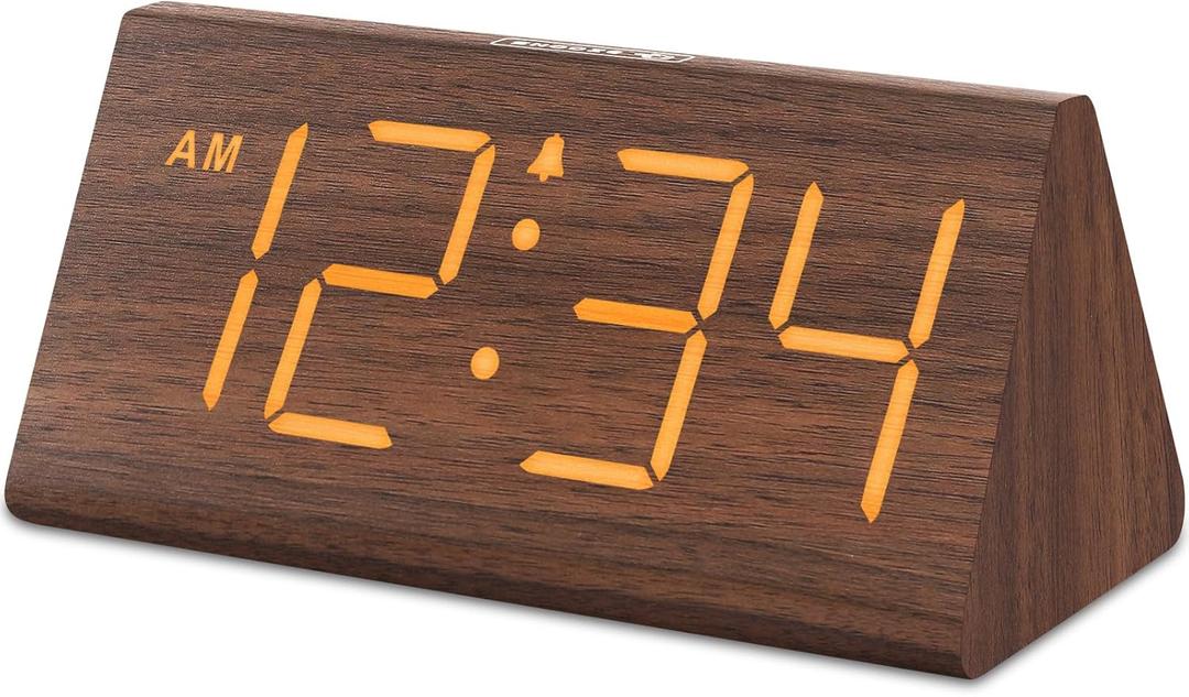 DreamSky Wooden Digital Alarm Clocks for Bedrooms - Electric Desk Clock with Large Numbers, USB Port, Loud Alarm for Heavy Sleepers, Adjustable Volume, Dimmer, Snooze, DST, Wood Dcor, Adapter Powered (Brown)