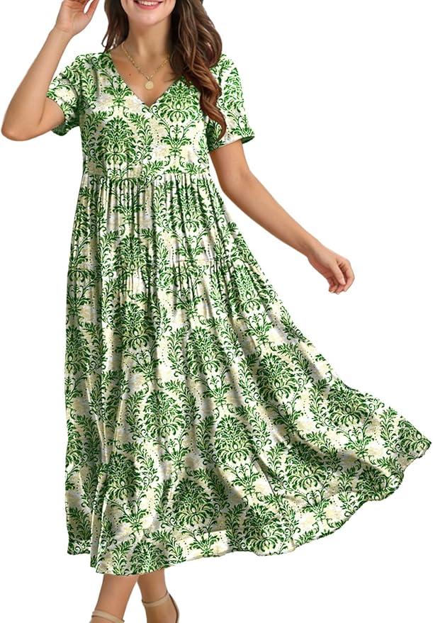 YESNO Women's Summer Maxi Dresses Casual Floral Short Sleeve V Neck Boho Beach Vacation Swing Dress with Pockets EVF, L