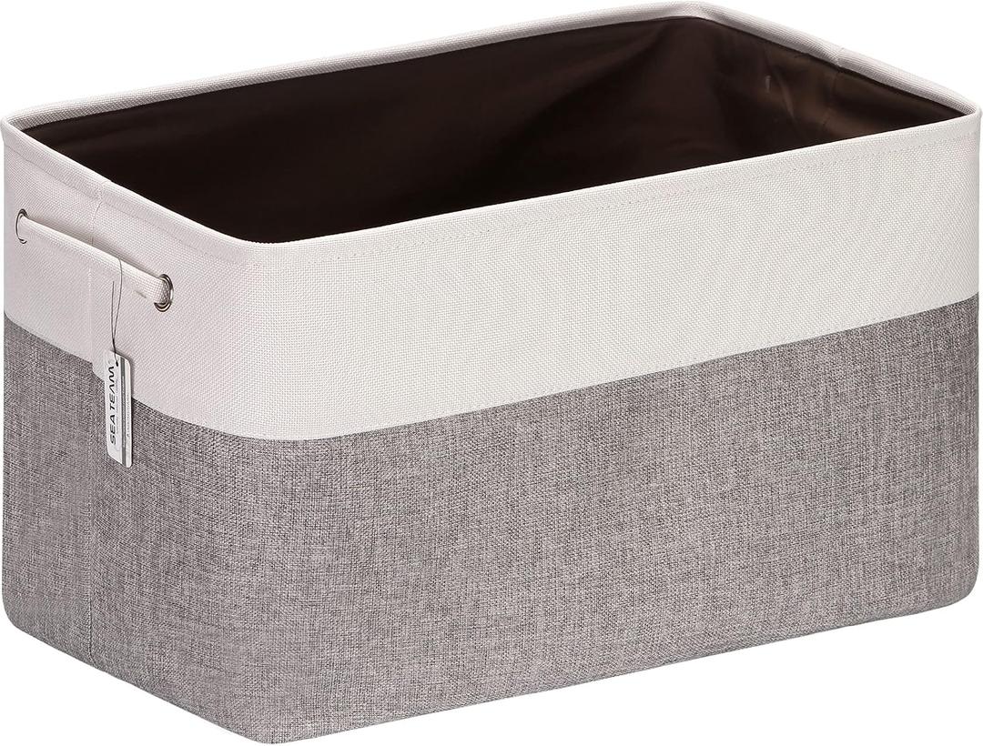 Sea Team 3-Pack Extra Large Storage Basket Set, Trunk Organizer, Clothes Toys Bin, 22 x 15 x 13 Inches, Rectangular Canvas Fabric Collapsible Shelf Box with Handles for Kids Room (Grey/White)