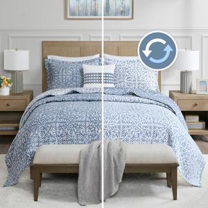 Madison Park Quilt Set Metelasse Reversible Coverlet Set Size, Soft Summer Quilt, All Season Lightweight Botannical Bedding King Shams, Harmony, King/Cal King, Blue 3 Piece