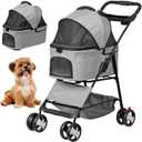 4 Wheels Foldable Pet Dog Cat Jogger Stroller Travel Carrier Strolling Cart w/Waterproof Cover Storage Basket Cup Holder & Detachable Carrier for Medium Small Cat Dog, Grey