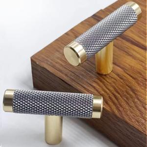 10 Pack 2 Inch Cabinet T Knob Aluminum Knob for Drawer Pulls Gold and Grey Oxidation Finish with Diamond Pattern