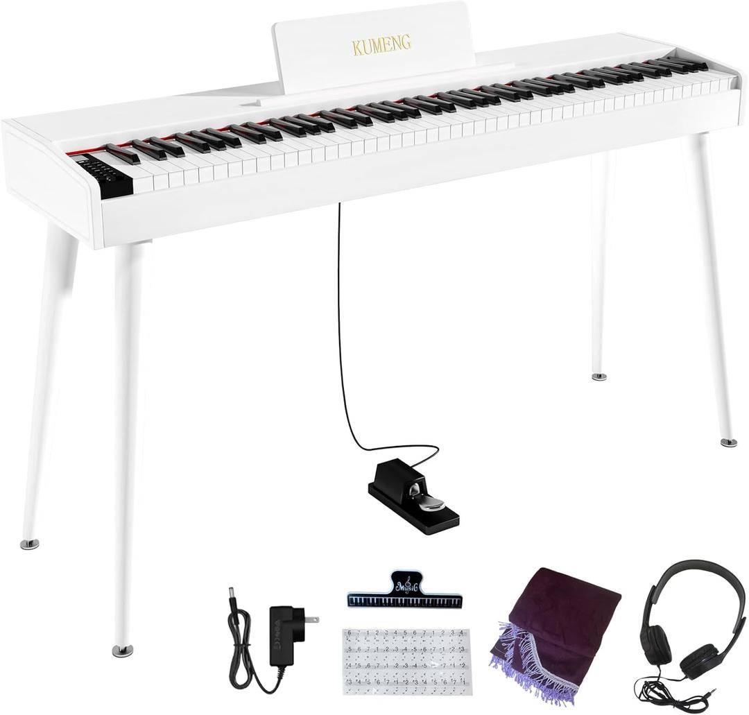 KUMENG digital Piano 88 Key Semi Weighted Keyboard, Full-size Electric Piano for Beginners, with Sheet Music Stand, Pedal, Power Adapter, Headphone Mode, USB-MIDI (White)