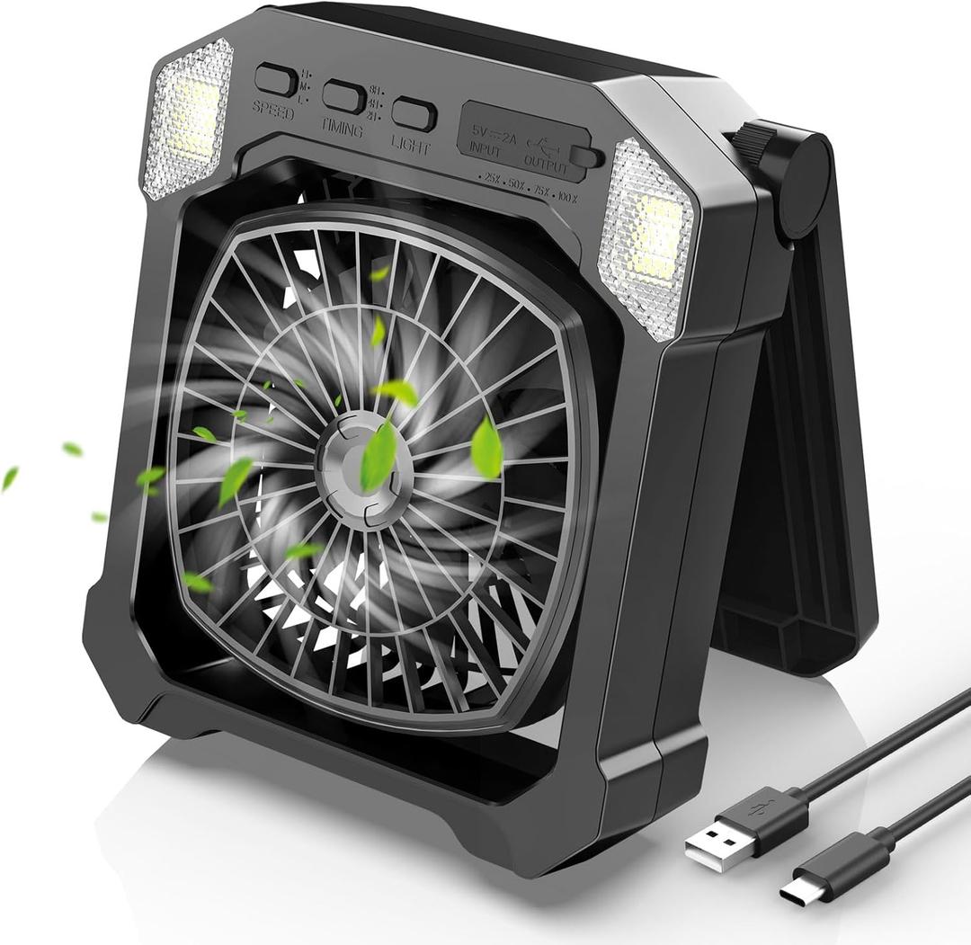 Camping Fan Battery Powered & Solar Powered, Portable Solar Fan 10000mAh Rechargeable Outdoor Fans with Light, Quiet Cordless Fans for Tent, RV, Emergency, Hiking, Power Outage, Desk, Survival Kit