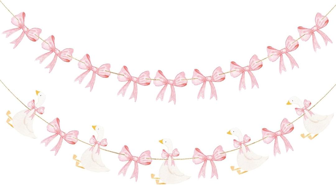 TaoBary 2 Set One Silly Goose Birthday Banner Bow Goose Theme Banner 1st Birthday Party Decoration for Baby Shower Girls Party Supplies (Pink)