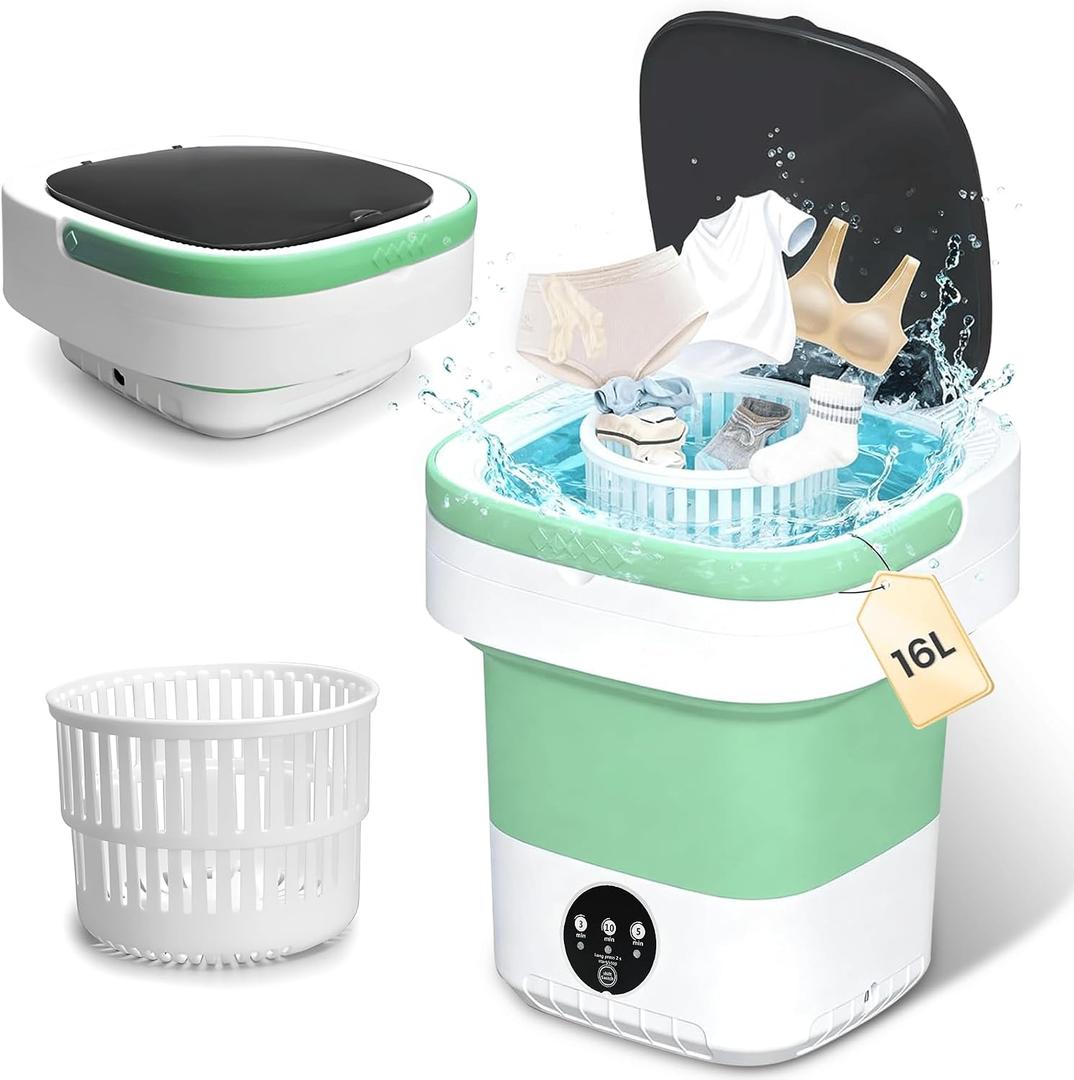 16L Mini Washing Machine with Spin Basket 3 Wash Modes Timer - Deep Cleaning Collapsible Compact Washer Portable Washing Machine - Portable Clothes Washer for Apartment Travel Camping Dorm Hotel Home