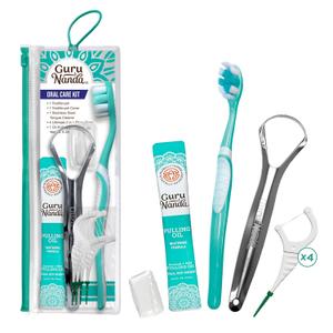 GuruNanda Travel-Friendly Oral Care Kit- 1 Butter on Gums Toothbrush, 1 Tongue Scraper, 4 Dual-Action Floss Picks, 1 Coconut & Mint Oil Pulling Sachet (Teal)