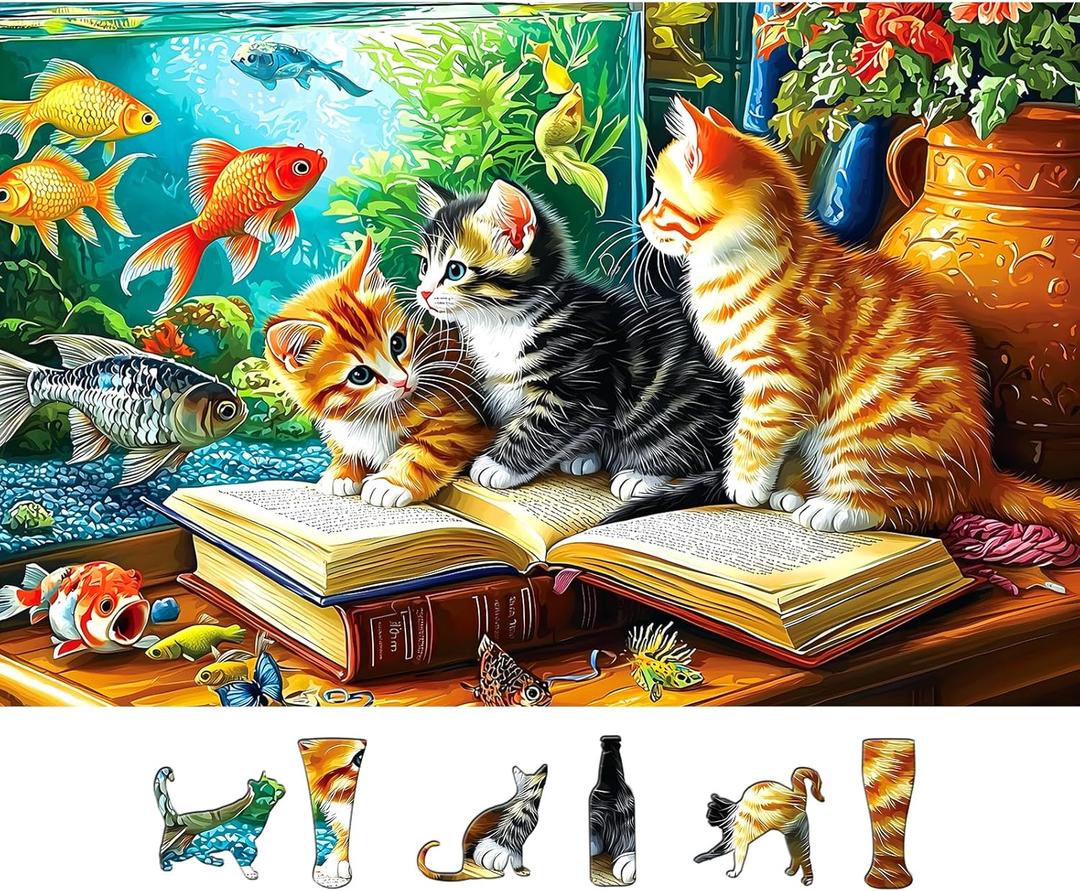 500 Piece Jigsaw Puzzles for Adults - Cats & Goldfish Aquarium Scene Colorful Kittens Book Puzzle with Letters on Back for Seniors Perfect for Game Night (23x15 Inch)