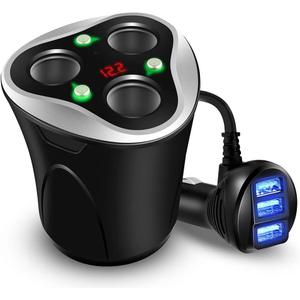 Skyocean Adaptador de corriente divisor de encendedor de cigarrillos de 3 enchufes + 3 cargadores USB para automvil de 120 W, 12 V/24 V CC con medidor de voltios, interruptor de encendido/apagado (Negro+Negro)