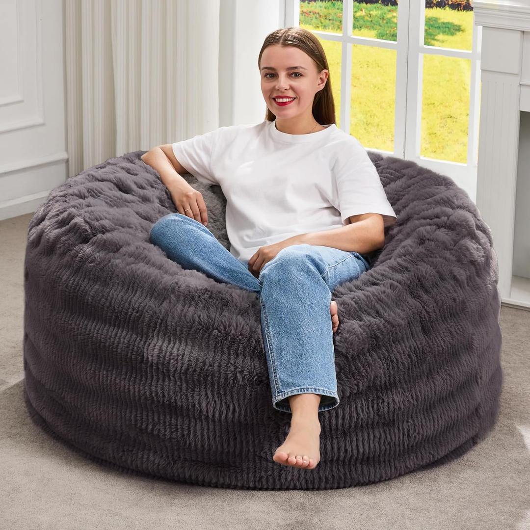 Hobestluk Bean Bag Chairs Beanbag Chair with Filler Adult Bean Bags with Fluffy Ripple Cover, Giant Bean Bag Chairs for Adults (Dark Grey, 3FT - 36" x 36" x 22")
