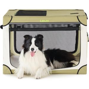 Lesure Soft Collapsible Dog Crate - 36 Inch Portable Travel Crate for Large Dogs Indoor & Outdoor, 4-Door Foldable Pet Kennel with Durable Mesh Windows, Beige