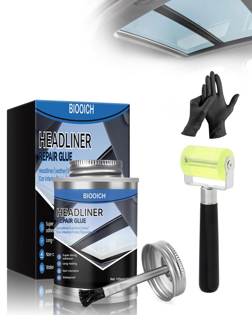 Headliner Repair Glue, Car Headliner Adhesive with Rubber Seam Roller Headliner Repair Kit,Upholstery Glue with Brush for Automotive interiors, Fabric, Leather (4.23oz)
