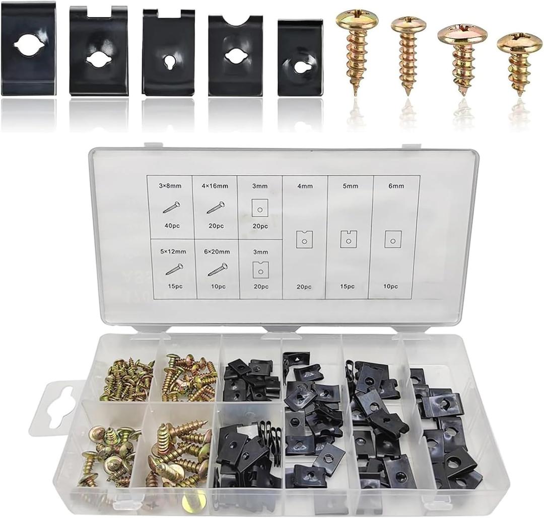 170 PCS Car U-Clip and Screw Kit, 9 Sizes Rust-Proof Fasteners for Dashboard Door Panel, Perfect Fit Anti-loosening Bolt Replacement, Universal for Most Cars Repair Accessory (Multicolored)