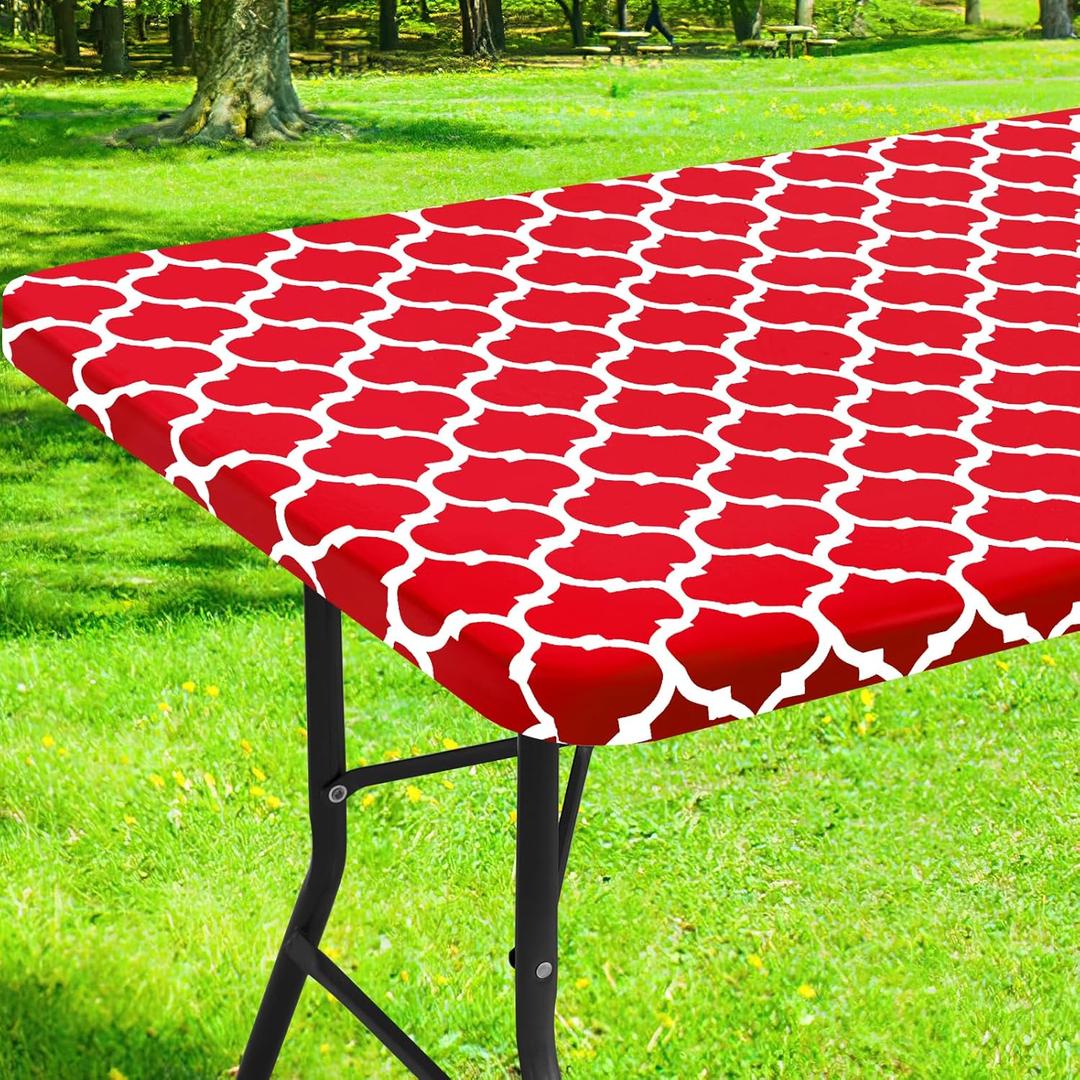 Smiry Rectangle Picnic Table Cover, Waterproof Elastic Fitted Camping Tablecloths for 6 Foot Tables, Wipeable Flannel Backed Vinyl Tablecloth Protector for Indoor, Outdoor (Red, 30x72 Inches)