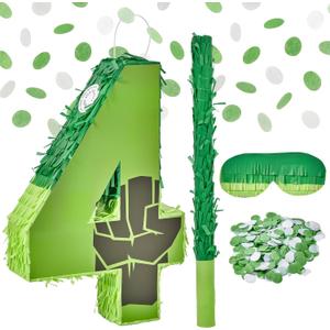 Number 4 Pinata 16 INCH Super Green Hero for Boys & Girls  Birthday Decorations with Piata Stick, Blindfold & Confetti Fillable Party Supplies (hlk-4th)