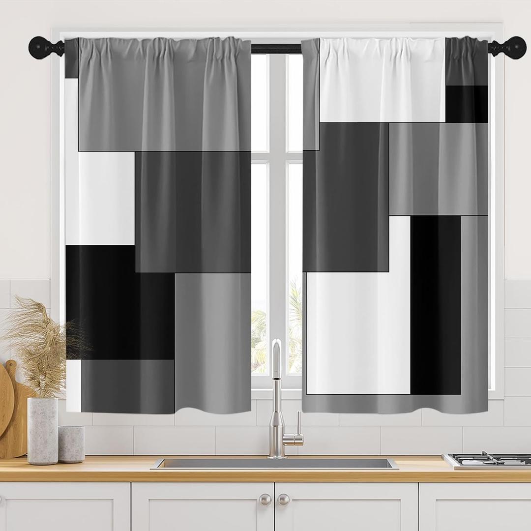 Black Kitchen Curtains 45 Inch Length Dark Grey White Window Short Tier Curtains Over Sink Set of 2, Modern Abstract Geometric Art Kitchen Decor 34x45 Inch
