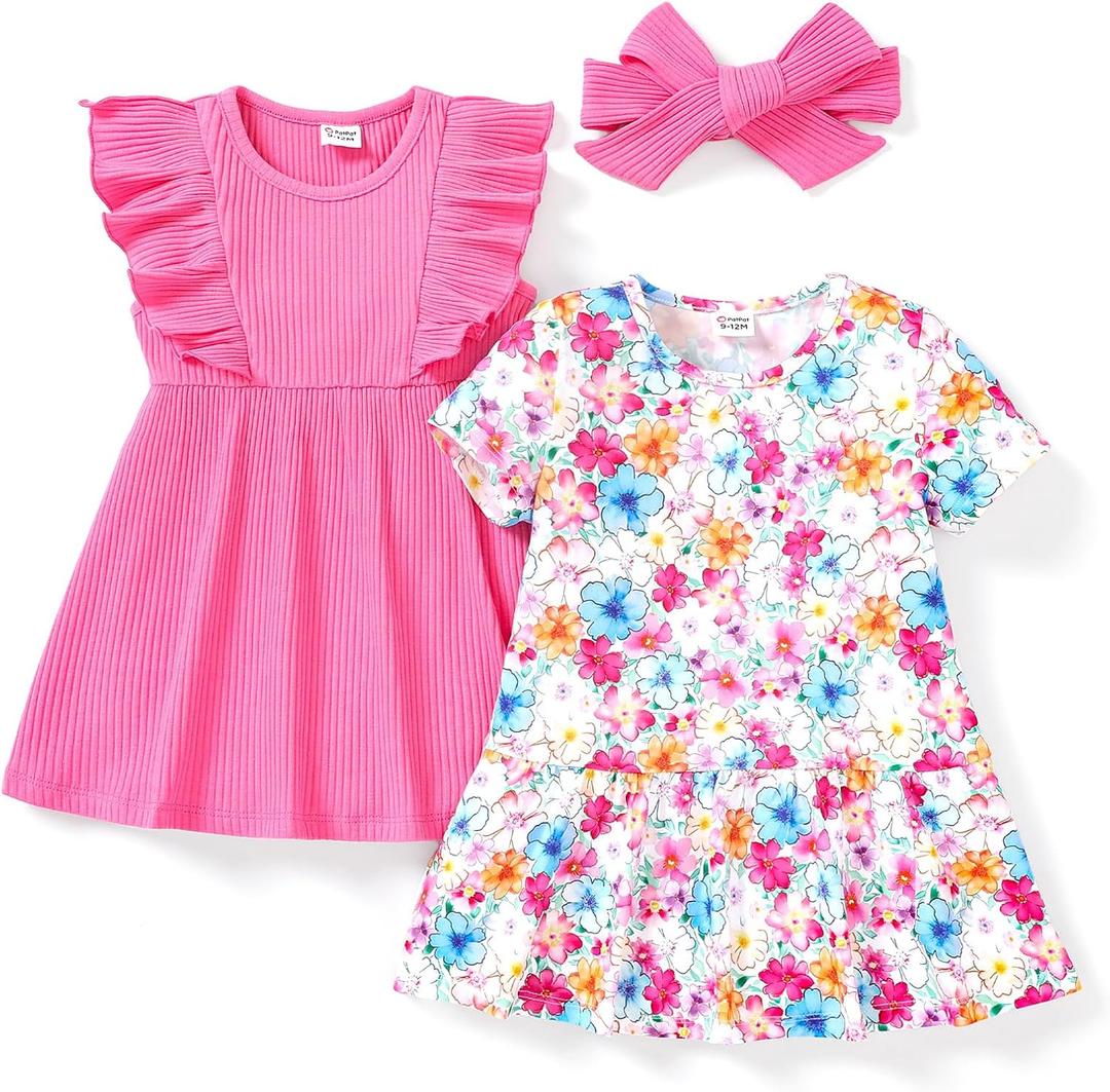 PATPAT Baby Toddler Girl Dresses Infant Ruffle & Short Sleeveless 2 Pack Summer Dress Casual Party Dress (12-18 Months, Dark Pink)