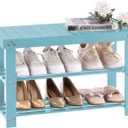 Apicizon Bamboo Shoe Rack for Entryway, 3-Tier Shoe Rack Bench for Front Indoor Entrance, Small Shoe Organizer with Storage, Blue, 27.6 Inches No Cushion