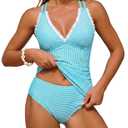 ZAFUL Tankini Swimsuits for Women Cute Smocked Two Piece Tankinis Modest Tummy Control Bathing Suit Sexy Push Up Swimsuits with High Waisted Bottom Slimming Full Coverage Swimwear Turquoise Striped S (Blue, Small)