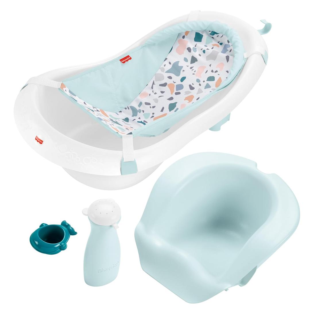 Fisher-Price Baby to Toddler Bath 4-in-1 Sling 'N Seat Tub with Removable Infant Support and 2 Toys, Pacific Pebble (Blue)