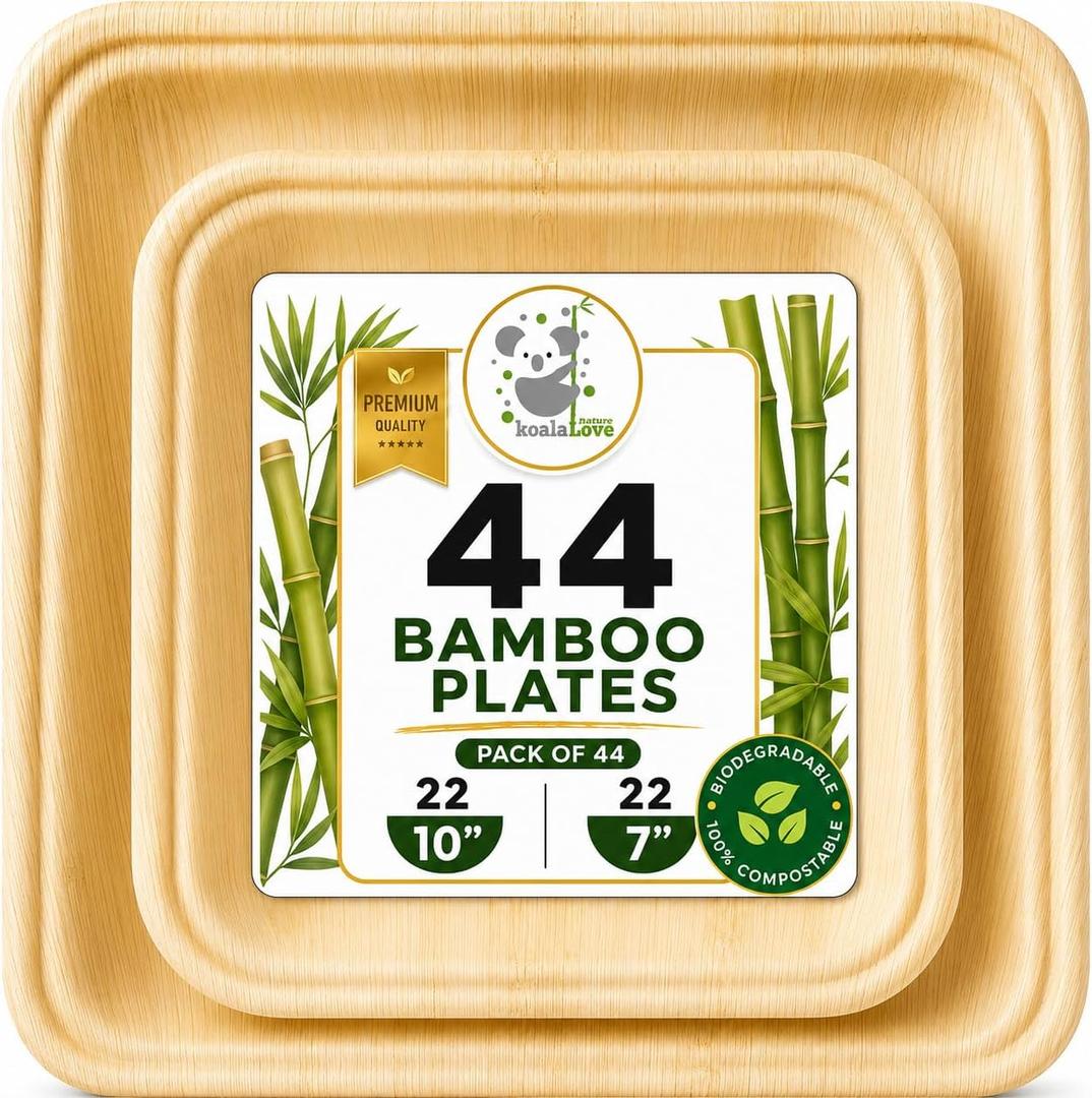Koala love Bamboo Paper Plates Disposable 10 Inch & 7 Inch Bulk Party Pack Eco Compostable Biodegradable Wooden Plate Best Alternative To Plastic Paper Plates (44 pc)