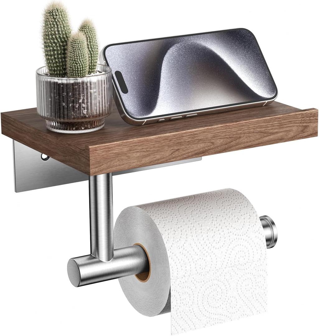Tindbea Toilet Paper Holder with Wood Shelf, Wooden Wall Mount Tissue Paper Roll Holder, Brushed Nickel Stainless Steel Bathroom Accessories Decor Household Home Apartment Restroom Essentials (Walnut)