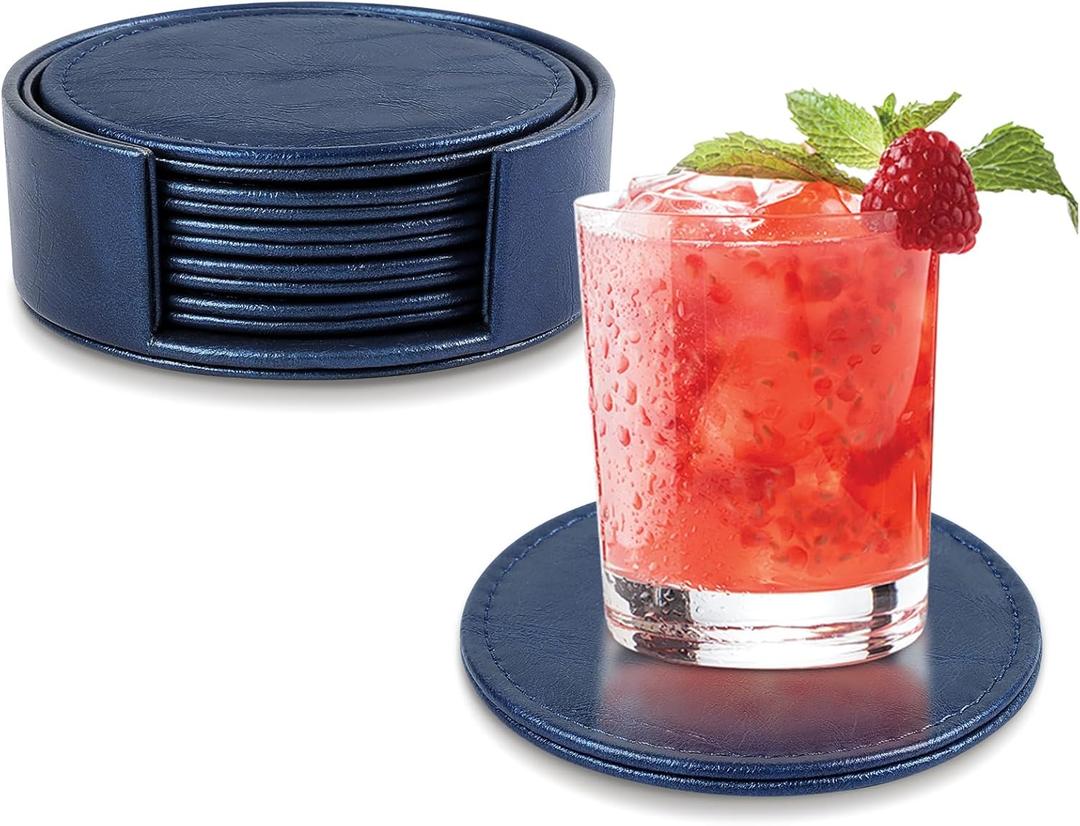 6 Pcs Premium Leather Coasters with Holder, Tabletop Protection, Coffee Table & Bar Decoration, Modern-Style Drink Coasters Suitable for Home Dining Tables & Kitchen Accessories (Blue)