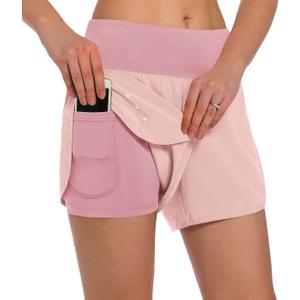 Ksmien Women's 2 in 1 Running Shorts - Lightweight Athletic Workout Gym Yoga Shorts Liner with Phone Pockets (Pink)