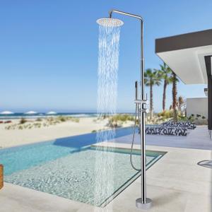 RBROHANT Freestanding Outdoor Shower Chrome, Height Adjustable Outside Showers for Backyard Garden Pool Beach, Outdoor Shower Fixtures with 10 Rain Shower Head and Handheld, Polished Chrome, JK0451