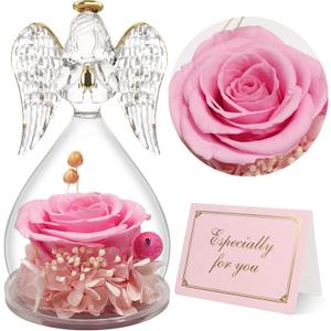 Yamonic Mom Birthday Gifts for Mom, Angel Figurines with Real Rose Gifts for Her Mom Grandma,Preserved Flowers Rose Angel Figurines for Mothers Day Christmas Anniversary Birthday Gifts for Her (Pink)