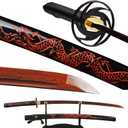 Red Dragon Engraved SAYA Japanese Katana Warrior Sword Damascus Folded Steel Blade