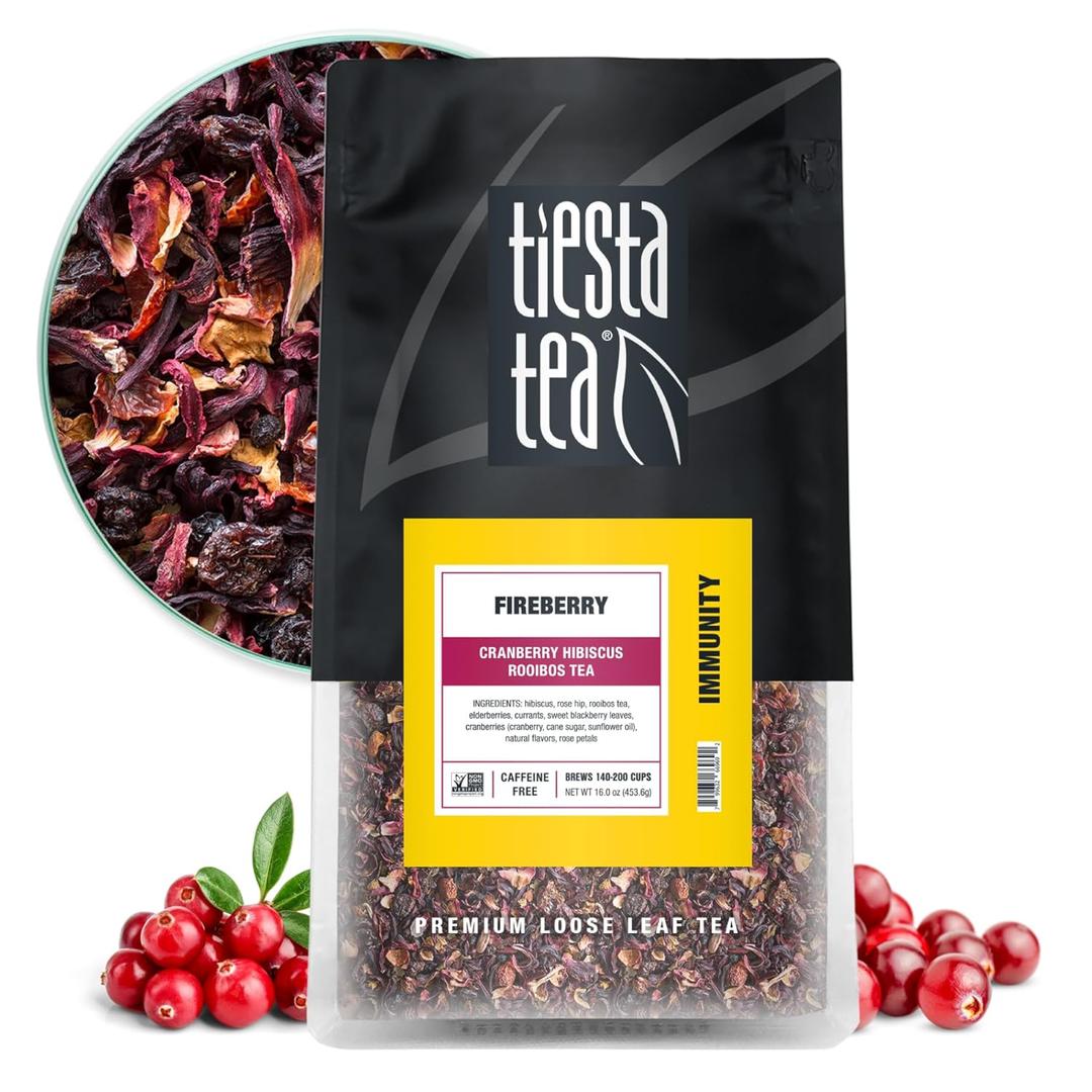Tiesta Tea - Cranberry Hibiscus Rooibos Tea, Fireberry, Loose Leaf, Herbal Blend with Hibiscus, Cranberry, Currants, Rooibos, Enjoy Hot or Iced, 200 Cups in Resealable Pouch, 16 Ounce (EXP 11/13/27)