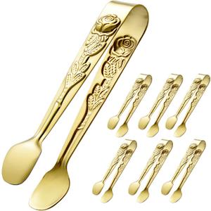HINMAY 6PCS Mini Serving Tongs 4 Inches Small Rose Sugar Cube Tongs (Gold)