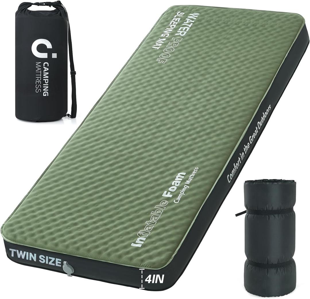 Self Inflating Sleeping Pad,Twin 4in Ultra-Thick Foam Camping Car Mattress with Air Pump Sack, Sleeping Mat for Adults Inflatable Camping Pad Mattress, Bed, Travel, Car, Tent, Home, Army Green