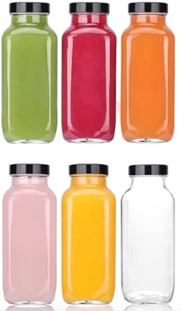 Glxgow 6Pack 8 oz Glass Juice Bottles with Lids & Labels, Reusable Travel Juice Storage Containers, Clear Glass Drink Jars for Juicing, Water, Ginger, Wellness Shots - Leakproof, Dishwasher Safe