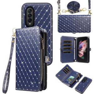 Phone Case for Samsung Galaxy Z Fold 3 5G 2021 Zipper Wallet Detachable Cell Cover with Crossbody Lanyard Strap Glitter Flip Card Holder Slot ZFold3 Z3 Fold3 3Z ZFold35G Women Men Girls Navy Blue