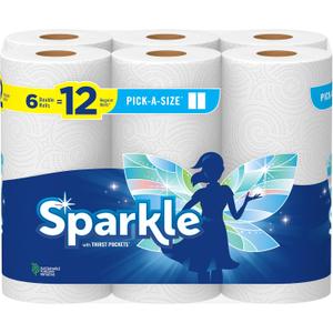 Sparkle Pick-A-Size Paper Towels, 6 Double Rolls = 12 Regular Rolls, Everyday Value Paper Towel With Full And Half Sheets