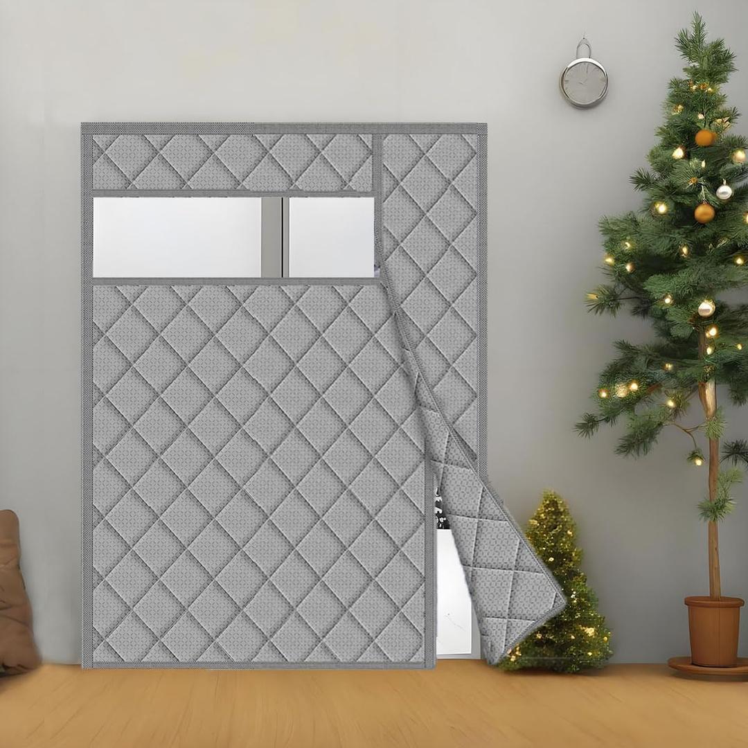 No Magnetic Thermal Door Curtain Fits Doors Size 72"x82"，Curtain Size 75"x84", Insulated Curtain Side Open, Visible Panels, Keep Warm in Winter Cool in Summer,Diamond Pattern,Gray
