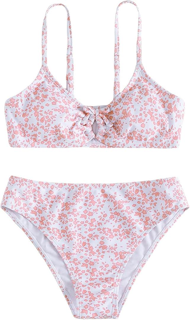 OYOANGLE Girl's 2 Piece Ditsy Floral Bikini Swimsuit Ring Linked Ruched Bathing Suit (Light Pink) 10-11Y