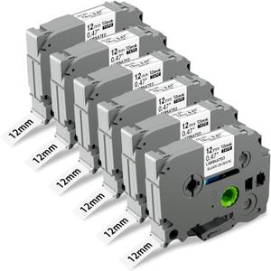 Compatible with Brother TZe231 TZ Tape 12mm 0.47 Laminated White Replacement for Brother P-Touch D220 PT-D210 D410 H110 P710BT Label Maker Tape, 1/2" (12mm) x 26.2ft, 6-Pack