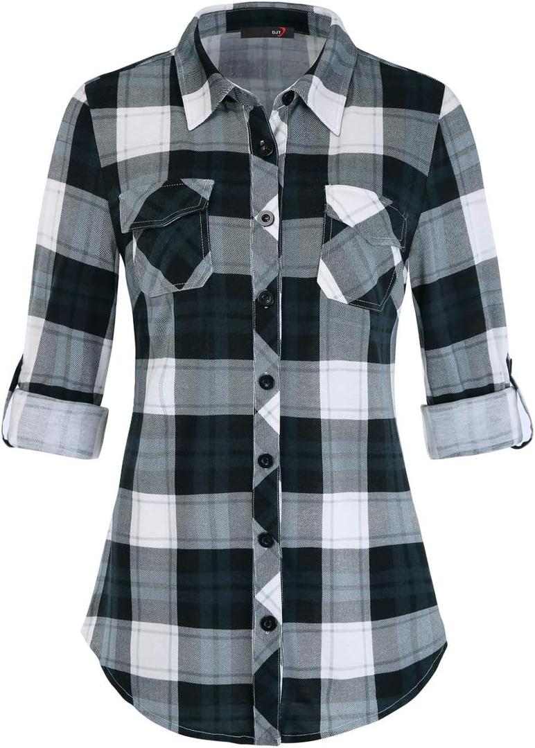 DJT Womens Soft Stretchy Knit Plaid Shirts Roll Up Long Sleeve Collared Button Down Blouses Tops (X-Large, Blue Mirage)