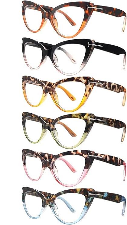6 Pack Fashion Cat Eye Reading Glasses for Women Blue Light Blocking Oversized Spring Hinges Computer Readers (6 Mix Color-4, 1.25, Diopters)