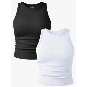 OQQ Women's 2 Piece Tank Tops Crew Neck Sleeveless Basic Stretch Casusal Yoga Crop Camis, Size Large 