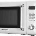 Emerson MWR7020W Compact Countertop Microwave Oven with Button Control, LED Display, 700W 5 Power Levels, 8 Auto Menus, Glass Turntable and Child Safe Lock, 0.7, Retro White