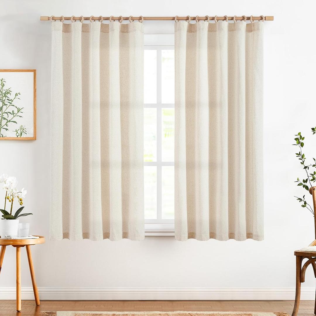 jinchan Short Linen Curtains 63 Inch Length 2 Panels Set Window Curtains for Living Room Bedroom Light Filtering Farmhouse Drapes Aesthetic Decor Kitchen Drapes, Back Tab, Linen Natural, 50W x 63L (#Beige)