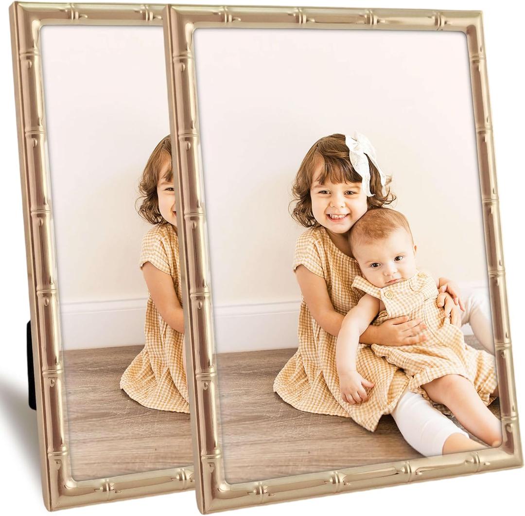 5x7 Gold Picture Frame with Elegant Metal Bamboo Design, 5 x 7 Photo Frames with HD Real Glass, Versatile Display for Tabletop or Wall Mounting, Great for Home Decor and Gift Giving (2Pcs)