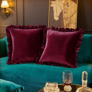 Velvet Throw Pillow Covers Set of 2, Soft Decorative Ruffle Cushion Cases for Couch Sofa Bedroom, 18 x 18 Inches, Red