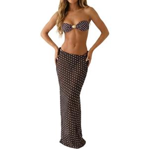 MakeMeChic Women's 3 Piece Zebra Cheetah Bikini Sets Polka Dots Strapless Bathing Suit with Swimsuit Coverup (Brown, S)