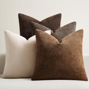 Pack of 4 Throw Pillow Covers 18x18 Inch Chenille Textured Neutral Brown Soft Pillow Covers Solid Decorative Farmhouse Cushion Covers Home Boho Western Decor for Couch Sofa Bed Living Room